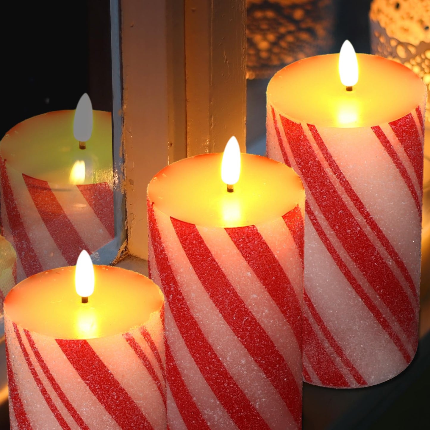 Glooglitter Set of 3 Christmas Flameless LED Candle Frosting Candy Cane Stripe Holiday Pillar Taper Moving Candles Battery Operated Flame Candle with Remote Control for Home Xmas Wedding Decoration