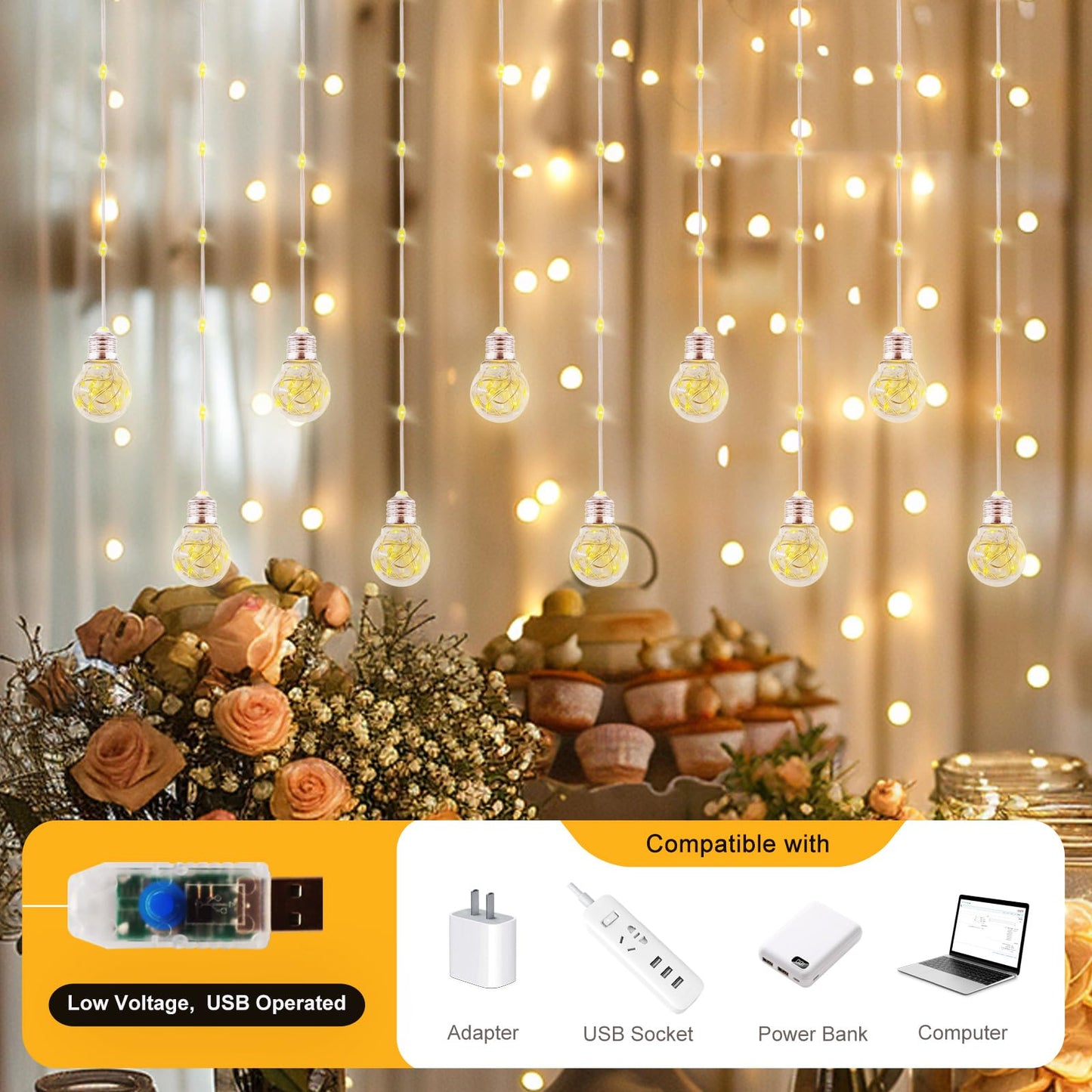 Patioman Wishing Ball Curtain Lights LED Window Hanging Lights with Remote, USB Powered Twinkle Globe Fairy String Lights for Wedding Party Bedroom Christmas Indoor Outdoor Decoration (Warm White)
