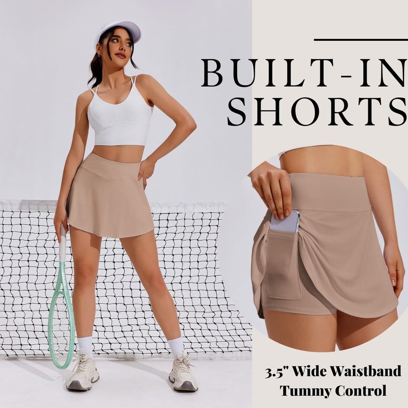 PINSPARK Tennis Skirt Pleated Athletic Skort Womens Skorts with Pockets Tummy Control with Pocket Activewear,Light Coffee X-Large
