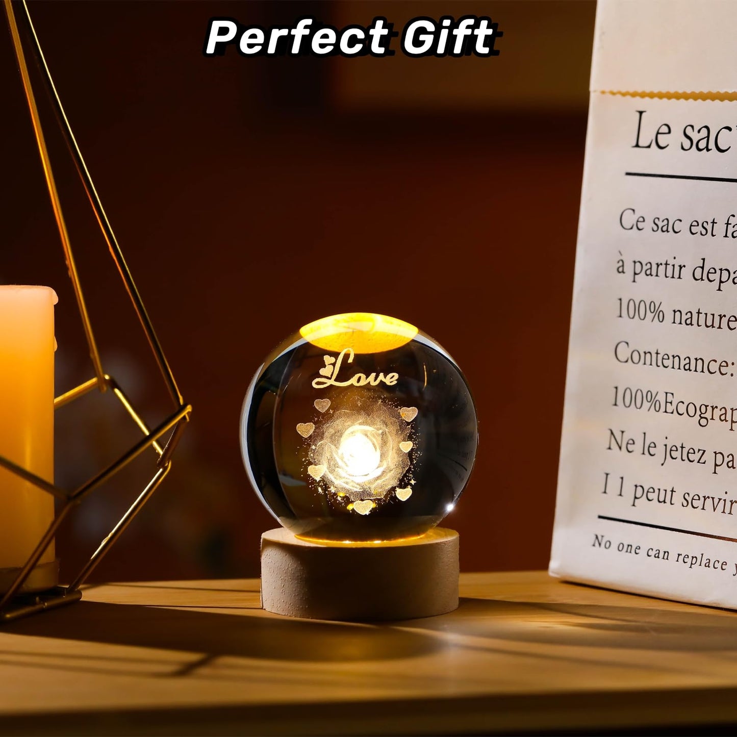 Arikyrist 3D Rose Crystal Ball Gift for Girlfriend, Laser Engraved Rose Flower Glass Sphere Home Decor, Crystal Ball Night Light with Wooden Light Base
