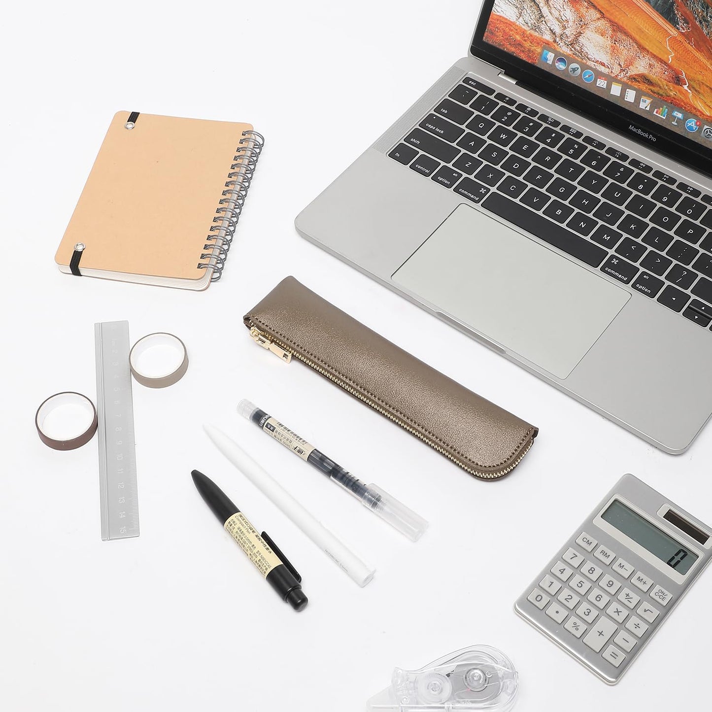 YONBEN Faux Leather Pencil Case Small Pencil Pouch Slim Pen Case Holder Zipper Bag for School Office(Pearl Brown)