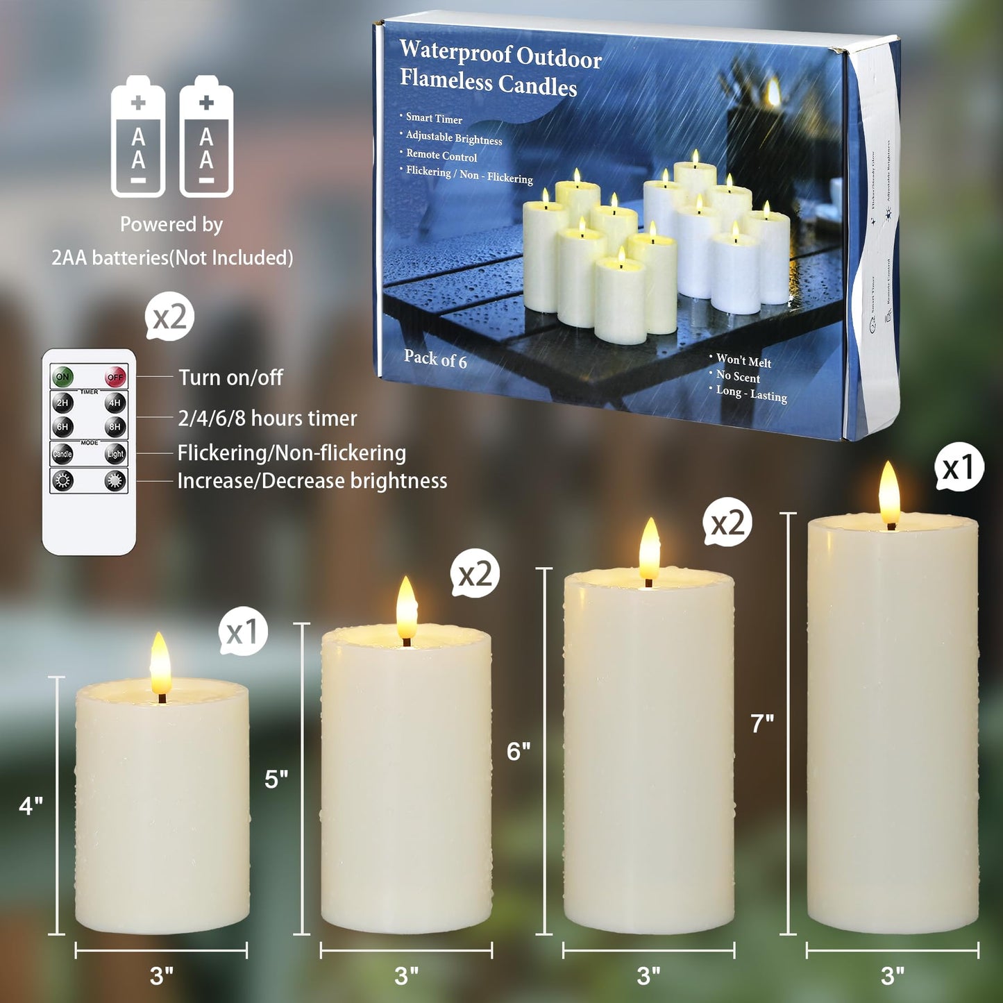 Yeelida Outdoor 6pcs Flameless Waterproof Candles with Handy Remote Control, Cycle Timer Battery Operated Candle Grease Effect LED Flickering Pillar Plastic Long Lasting (Ivory, 3" x4" 5" 5" 6" 6" 7")