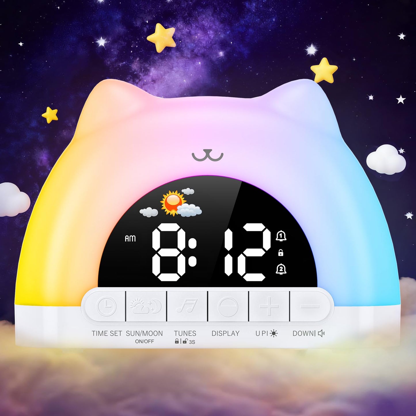 Homiyteck Kids Alarm Clock, OK to Wake Alarm Clock for Kids, Cat Clock with 11 Colors Night Light, 10 Soothing Sounds, Child Lock, Dual Alarms, Sleep Training, Birthday Gift for Boy Girls Children