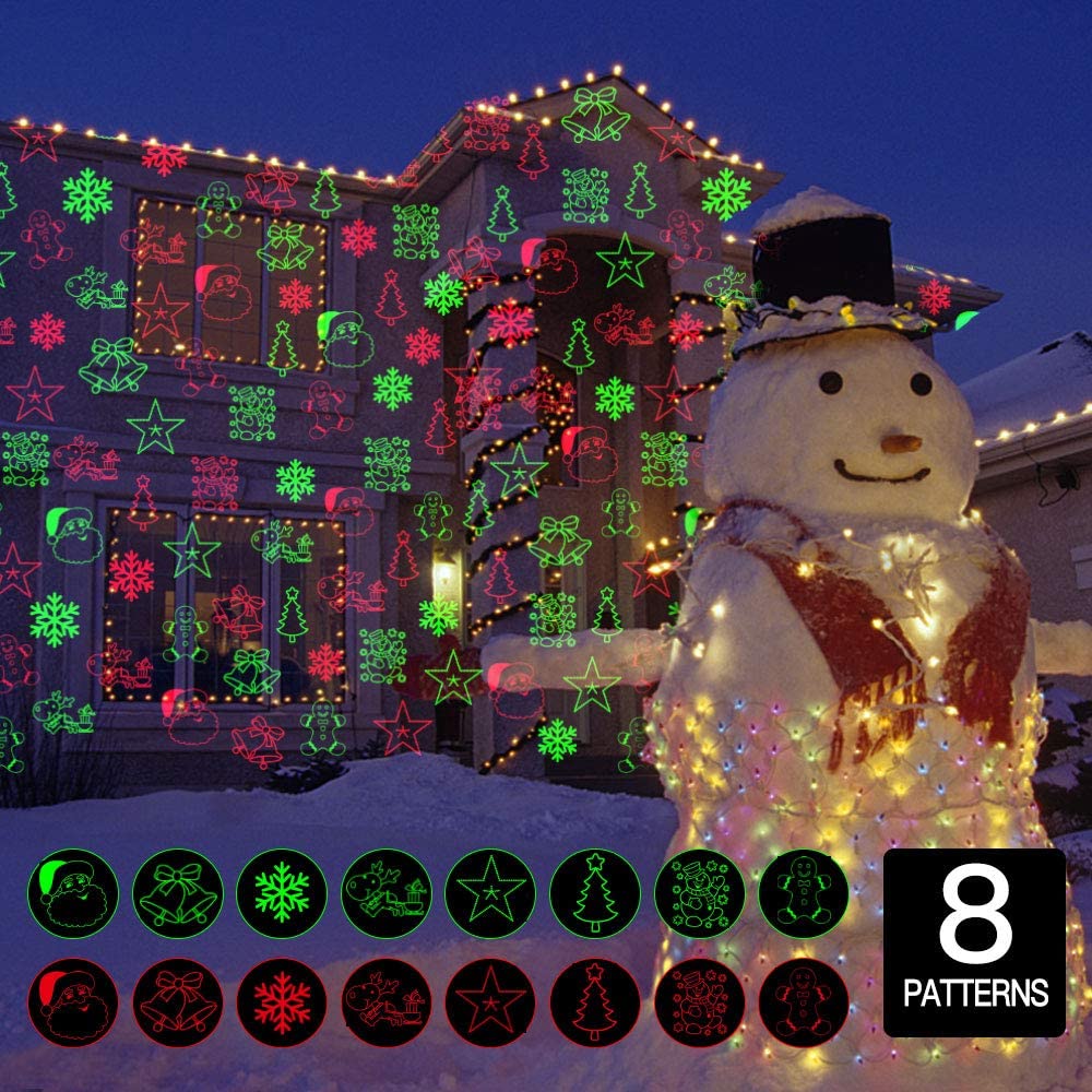 Christmas Laser Projector Lights, 8 Patterns LED Projection Lights with Remote, Landscape Projector Spotlights, Red and Green Star Show, Decoration for Outdoor and Indoor, Christmas, Holiday