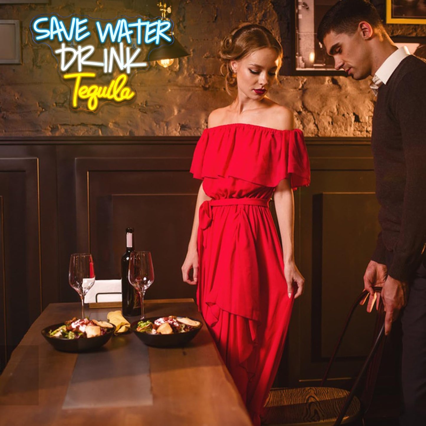 FAXFSIGN Save Water Drink Tequila Neon Sign Led Neon Lights for Wall Decor Usb Light Up Signs for Home Beer Bar Bedroom Restaurant Man Cave Cafe Bistro Club Party Decorations Gift
