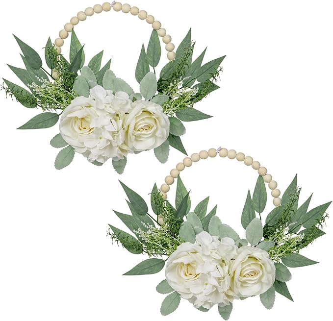 Spring Wreaths for Front Door 10" Artificial Floral Wood Bead Wreaths Eucalyptus Leaves Rose Hydrangea Wreaths for Front Door Boho Farmhouse Wall Decor 2 Pack - White