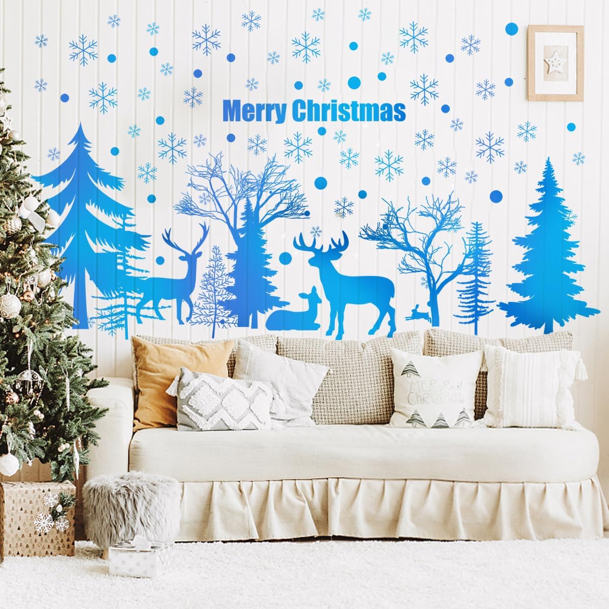 52.87x30.07 Inch Blue Merry Christmas Tree Deer Snowflake Wall Sticker - Removable Forest Animals Art Wall Sticker for Christmas Party Supplies Home Decor
