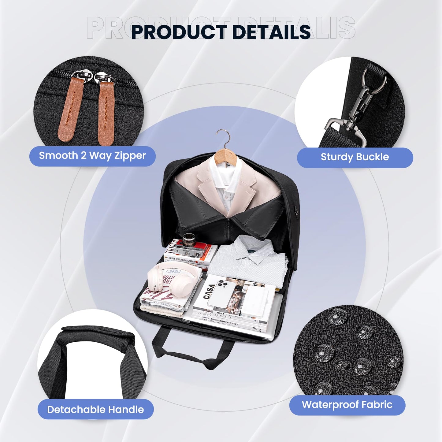 Garment Bags for Travel, Carry on Garment Bag with Shoulder Strap, Foldable Suit Travel Bags for Men, Wrinkle Free Garment Travel Bag for Hanging Clothes, Black