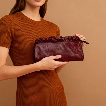 Stizimn Burgundy & Black PU Leather Ruffle Makeup Bag for Women, Waterproof Zipper Cosmetic Pouch with Spacious Interior, Travel Toiletry Organizer for Skincare Essentials (Burgundy)