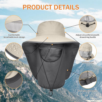 ZEXIAN Men&Women Wide Brim Fishing Ponytail Sun Hat with Removable Face and Neck Flap UPF 50+ UV Protection Safari Cap (US, Alpha, One Size, Khaki)