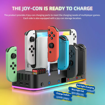 RGB Switch Wall Mount for Joy-Con Charger, Switch Holder for Nintendo Switch 1/ OLED with Switch Organizer, Switch Accessories with 15 Light Mode, 4 Controller Charger, 2 USB Port, 10 Card Slot