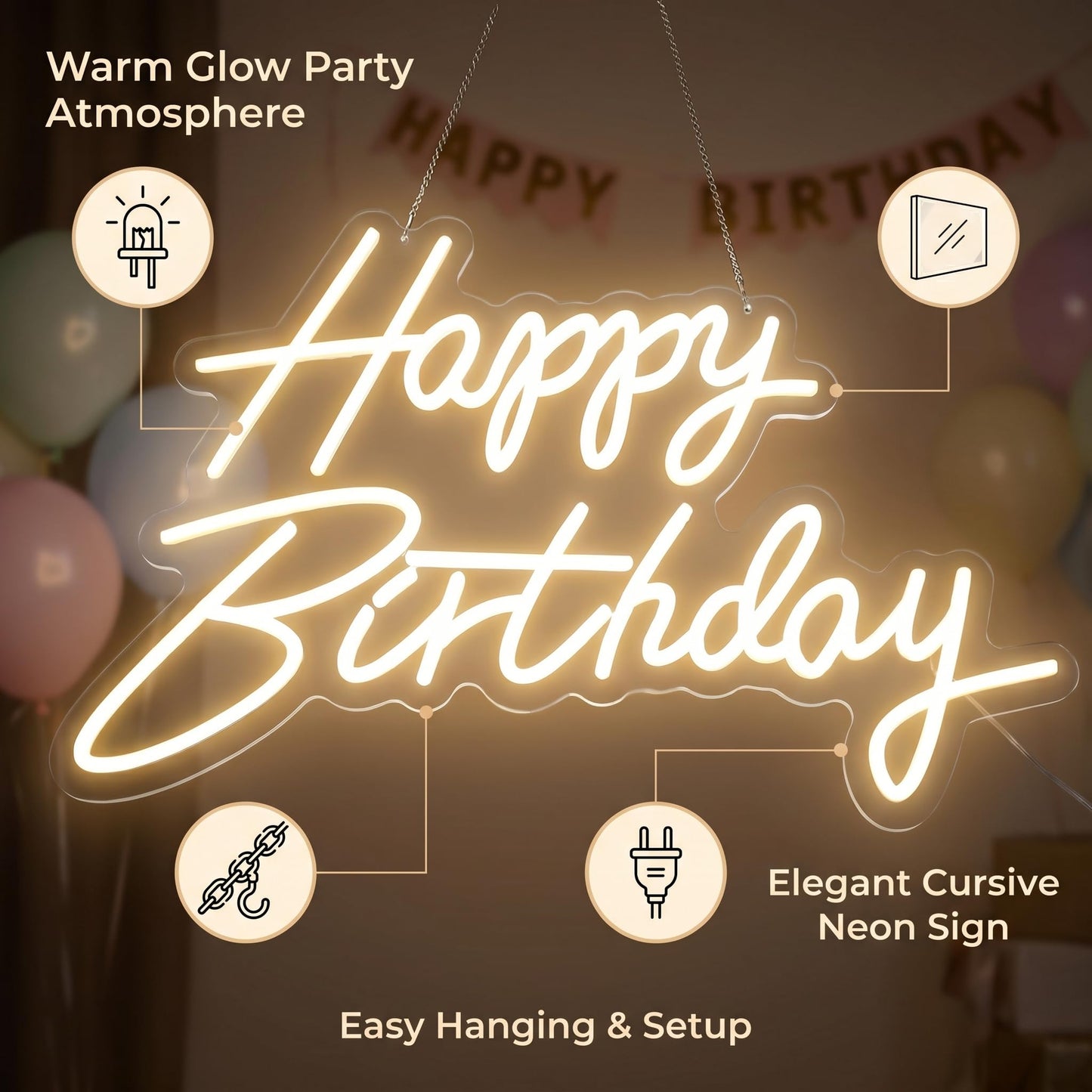 HMT Happy Birthday Neon Sign USB Powered 19.6×11.8 Inch Large LED Light Up Sign for Backdrop & Birthday Party Decor