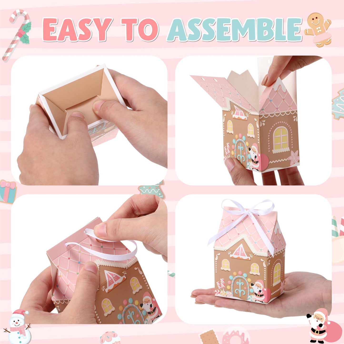 Kritkin 24 Pcs Small Pink Gingerbread House Gift Boxes with Ribbon Mini Christmas Gingerbread House Boxes for Mini Cookie Container Snacks Macaron Candy Dessert Wrapping Holiday Gifts Giving