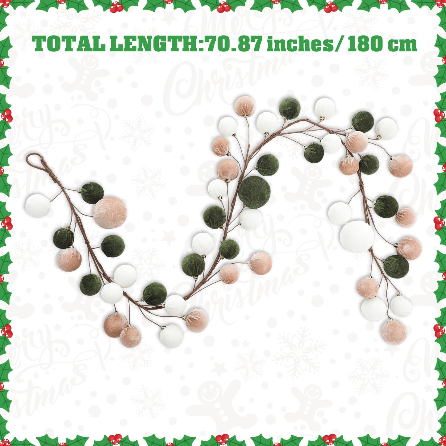 Simgoing 6 ft Christmas Ball Ornament Garland Christmas Bauble Hanging Ornament Neutral Velvet Bulb Ball Garland for Xmas Tree Table Mantel Staircase Indoor Outdoor Decor(White, Brown, Green)