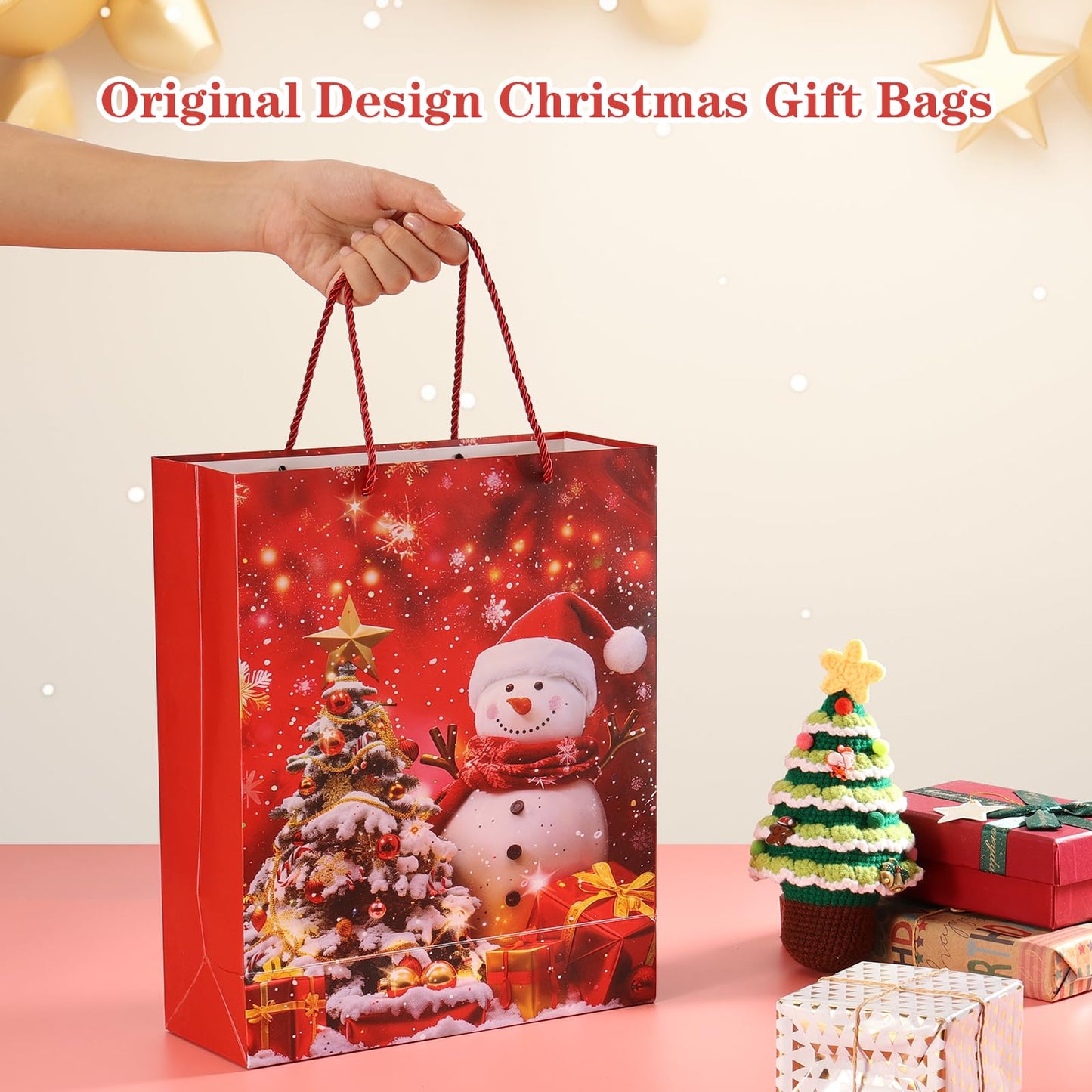 Rusikia 12 Christmas Gift Bags with 12 Tissues and 1 Satin Ribbon - Medium