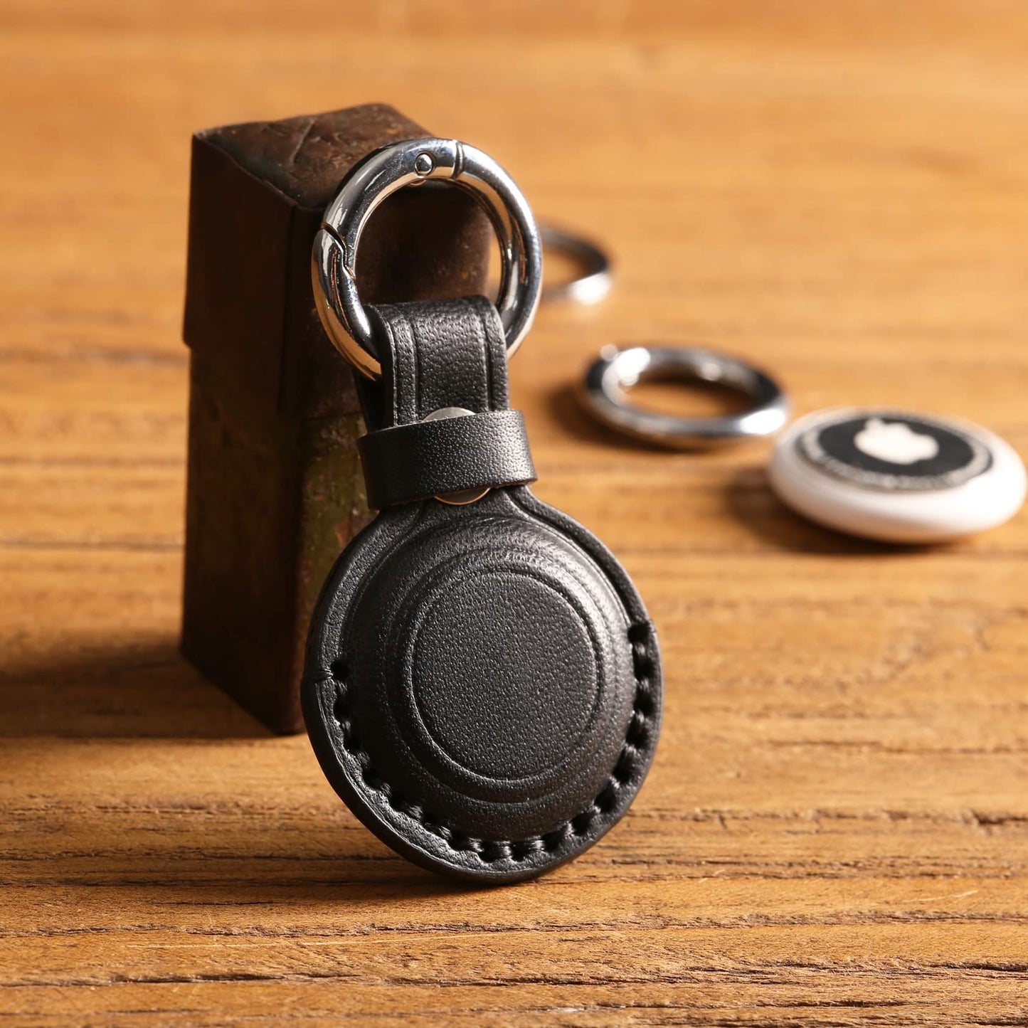 KEEPXYZ Genuine Leather Keychain Holder Compatible with Airtag, Secure for Air Tag Keychain Holder Case Cover Key Chain Ring Accessories - Black V1.0