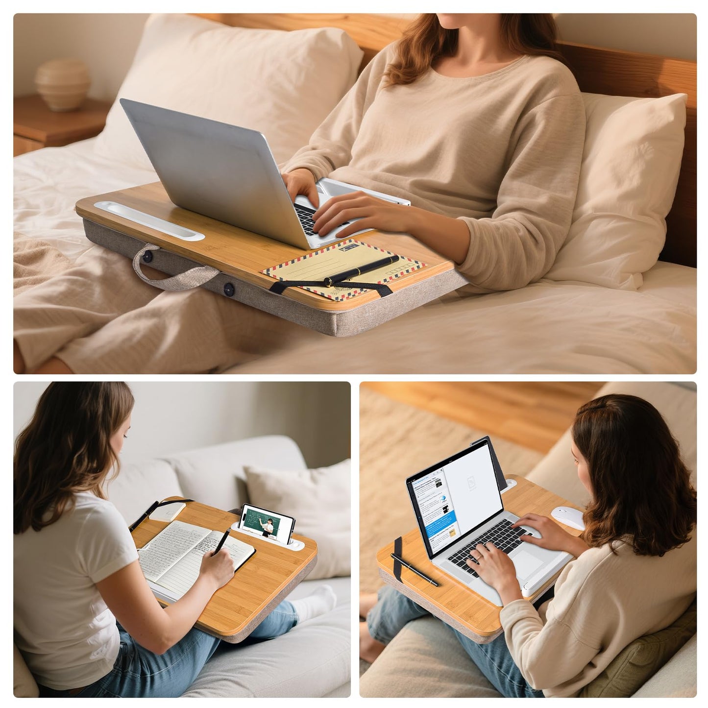 Wishacc Portable Bamboo Lap Desk Tray, Natural Wood, Large 21.1 x 12.9 Inch, for Home Office