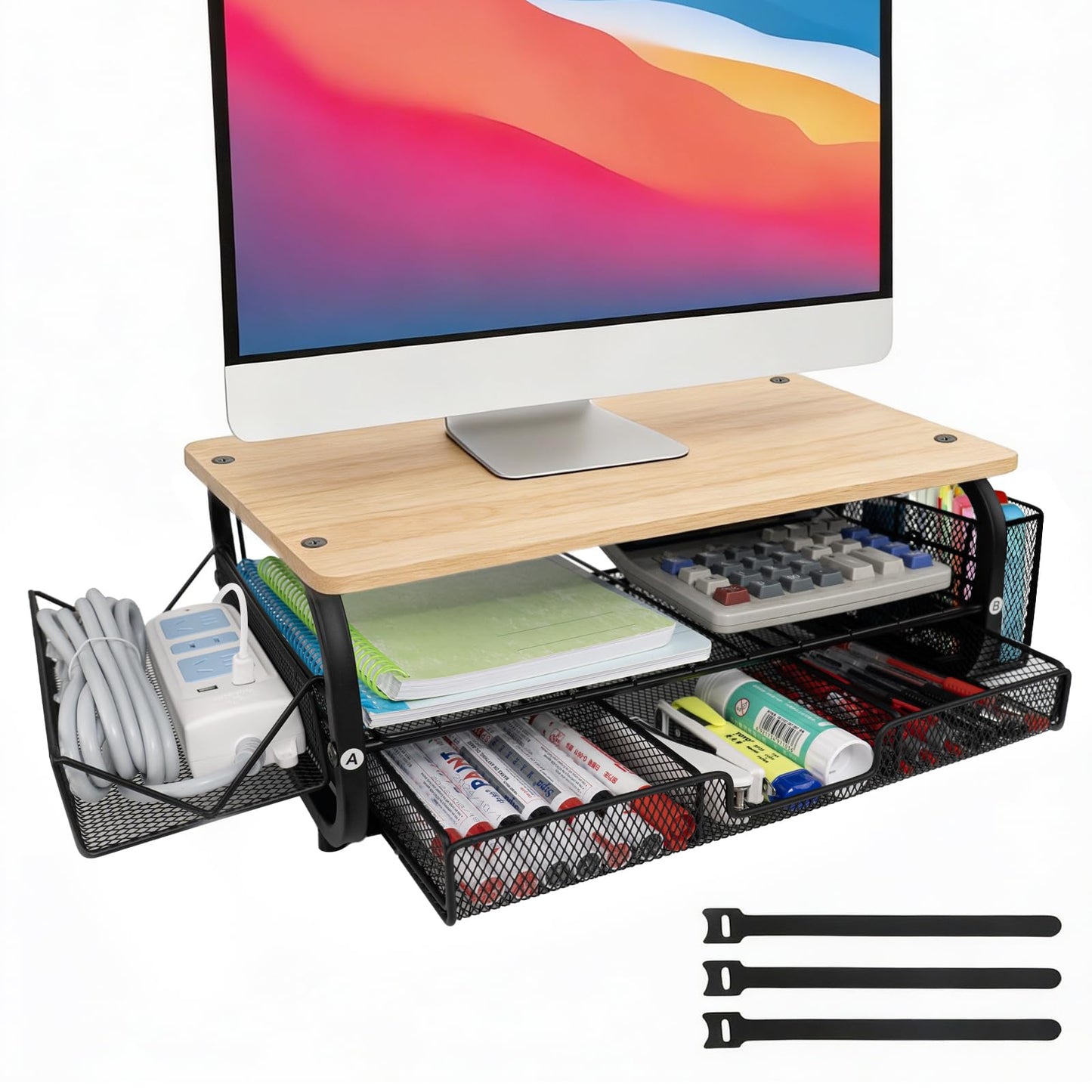 Bingyouth Desk Organizers and Accessories Monitor Riser, Monitor Stand with Drawer (2-Tier Drawers) with Large Side Storage Rack & Cable Management,66LBS/30KG, Office Organization, Oak