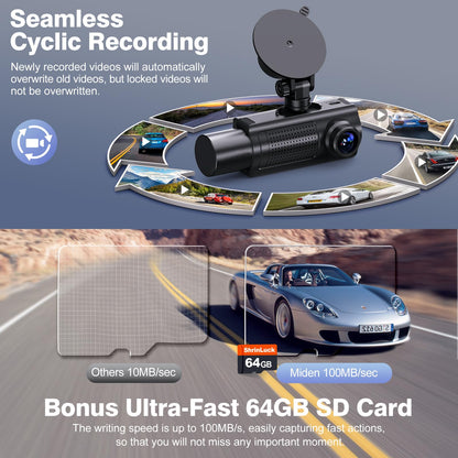Miden X5 4K WiFi Dash Cam Front and Rear Inside, 2160P+1080P+1080P FHD 3 Channel Dash Camera for Cars, 360° All Sides Dashcam, Free 64G SD Card, G-Sensor, WDR, Night Vision, 24H Parking Monitor