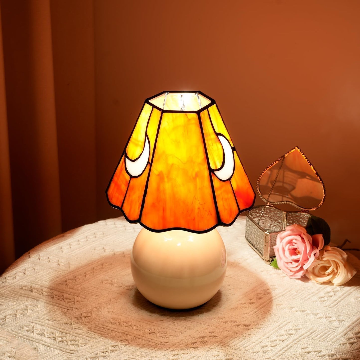 KIPHEPI Tiffany Style Bedside Table Lamp Stained Glass Moon Mushroom Lamp for Bedroom Small Nightstand Lamps for Home Decor Living Room Bedroom Study Nursery Dorm, Orange