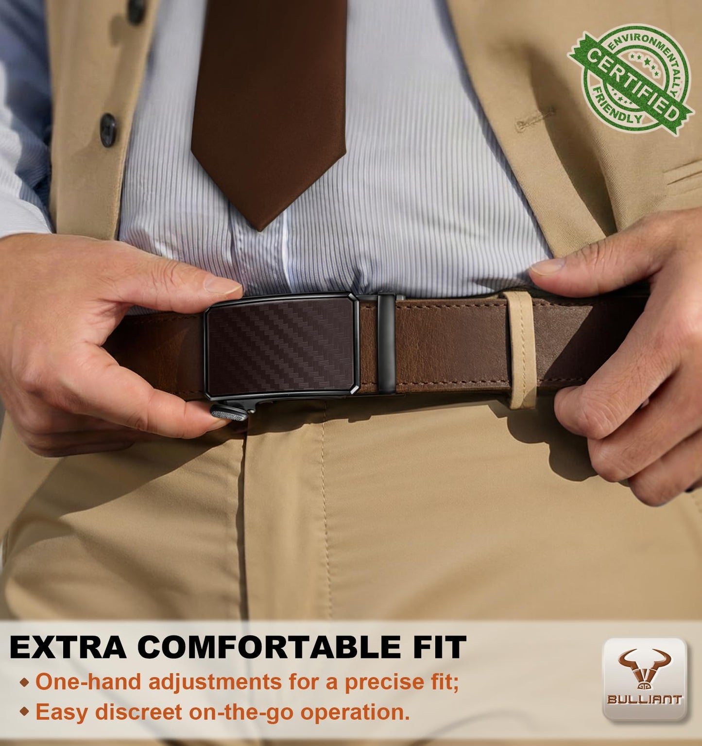 BULLIANT Men Ratchet Belt,Full Grain Leather Adjustable Belt Gift For Men Dress Casual Jeans-Cut For Fit(Pecan Pie,32"-38" Waist Adjustable)