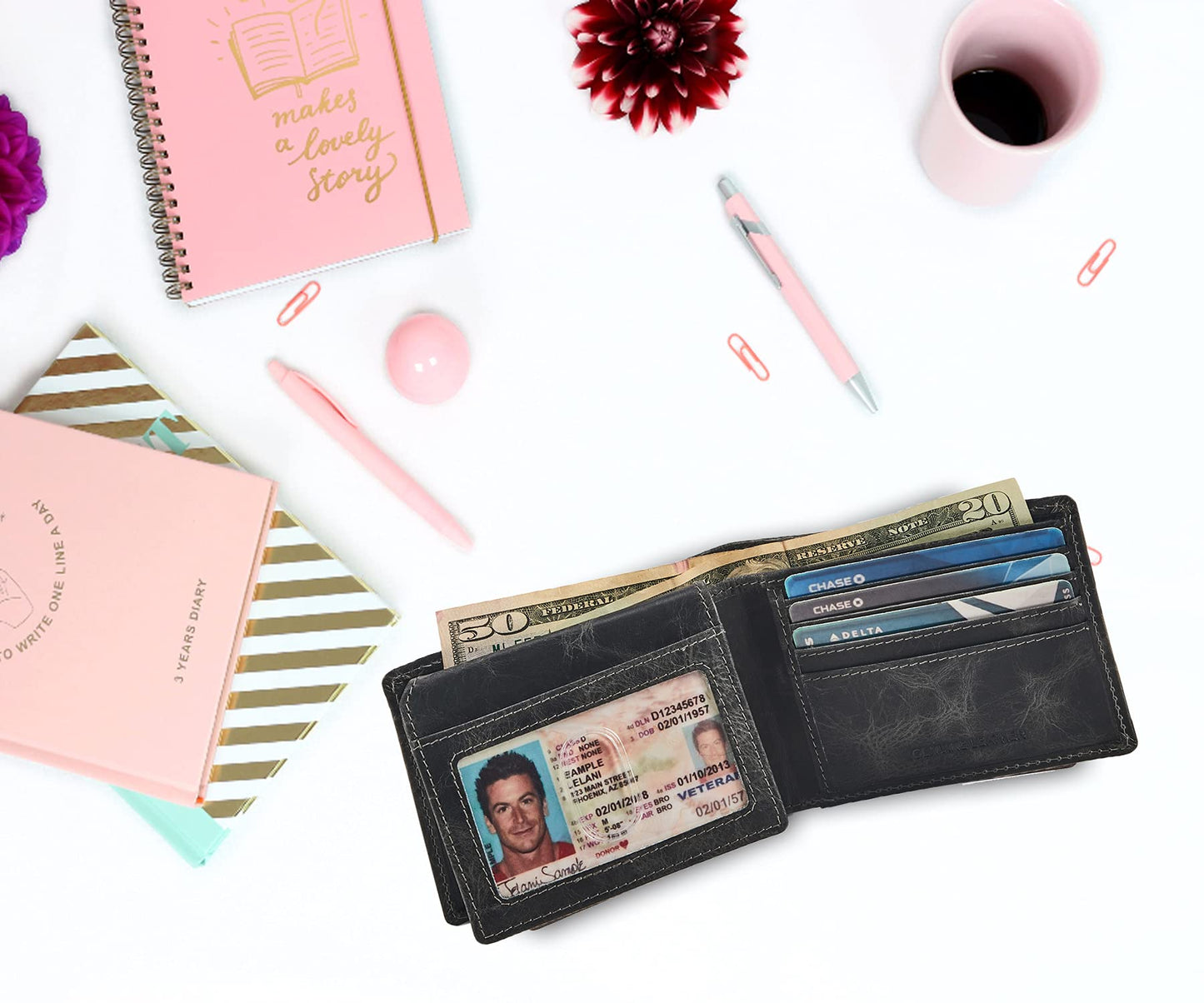 Wallet for Men Slim RFID Blocking Leather Bifold Minimalist 2 ID Windows Gift Box Carteras Para Hombres (DISTRESSED, ANTHRACITE)