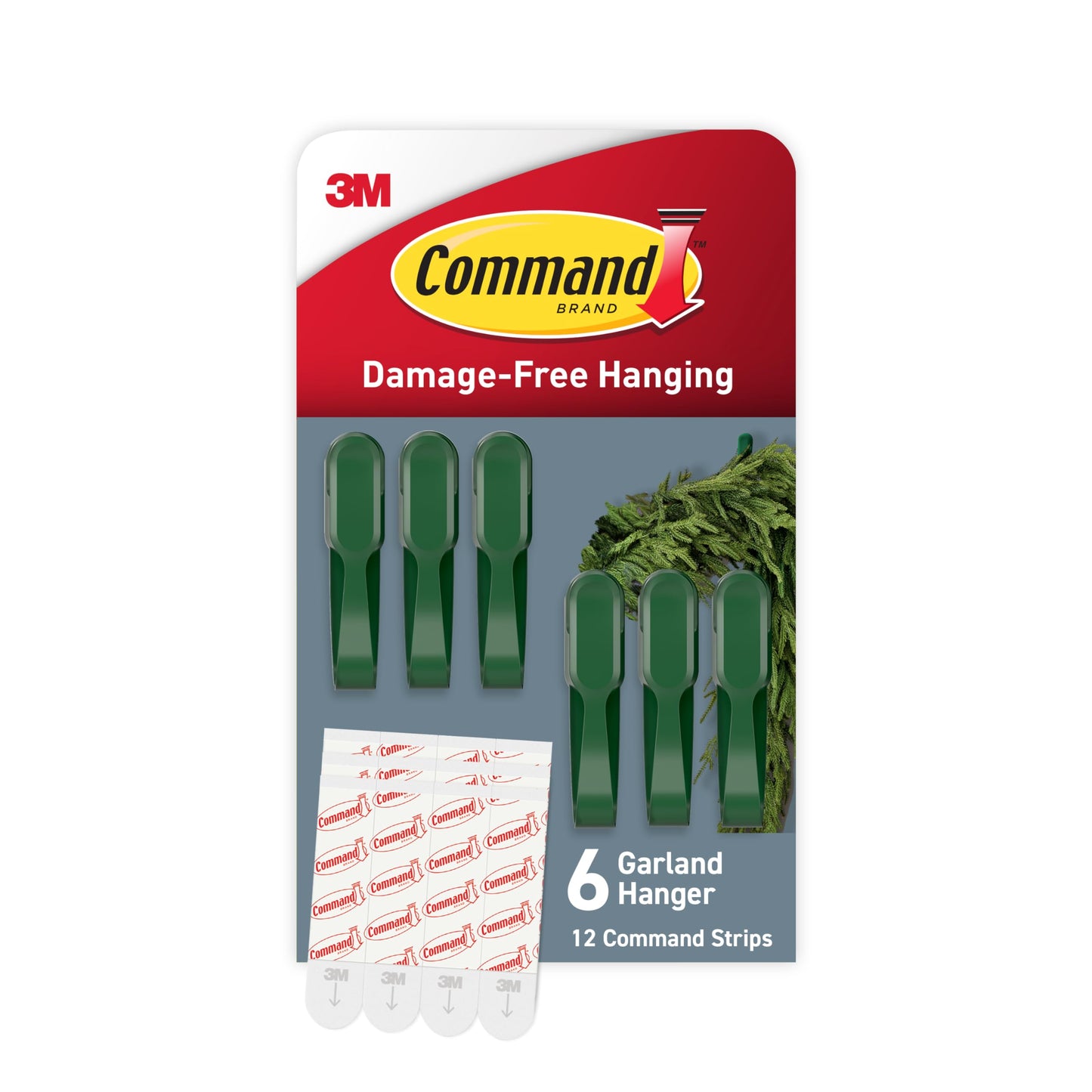 Command Fireplace Mantle Garland Holder for Displaying Garlands, Wreaths, and Holiday Decor Without Leaving Damage, Holes, or Residue, Holds 2lbs, Green, 6 Pack