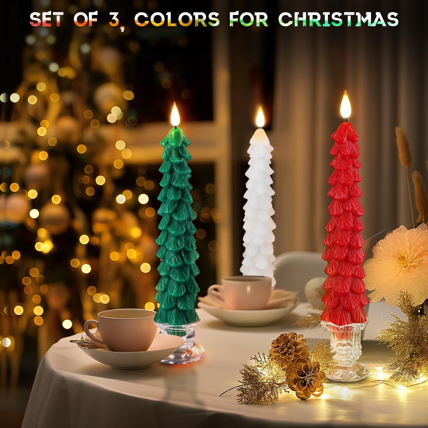 PChero Christmas Tree Candles with Remote Timer, 3 Pack 9.7 Inches Real Wax Flameless Window Candles Battery Operated Taper Candle Sticks for Xmas Fireplace Holiday Party Home Room Decor