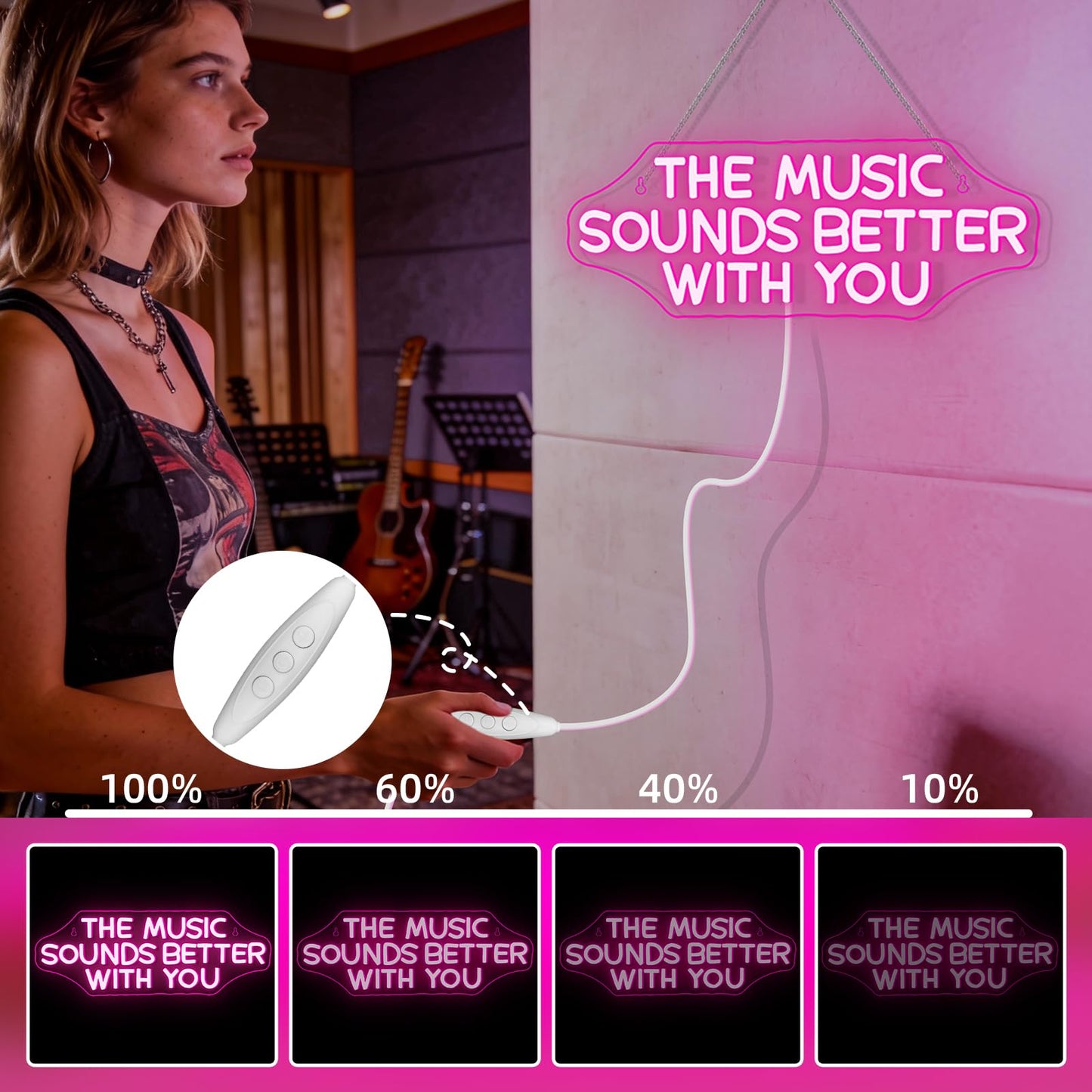 NOSUN The Music Sounds Better with You Neon Sign Romance Neon Signs for Wall Decor Led Neon Sign Aesthetic Room Decor for Teen Girls Neon Lights Signs for Bedroom Salon Party Pink Light