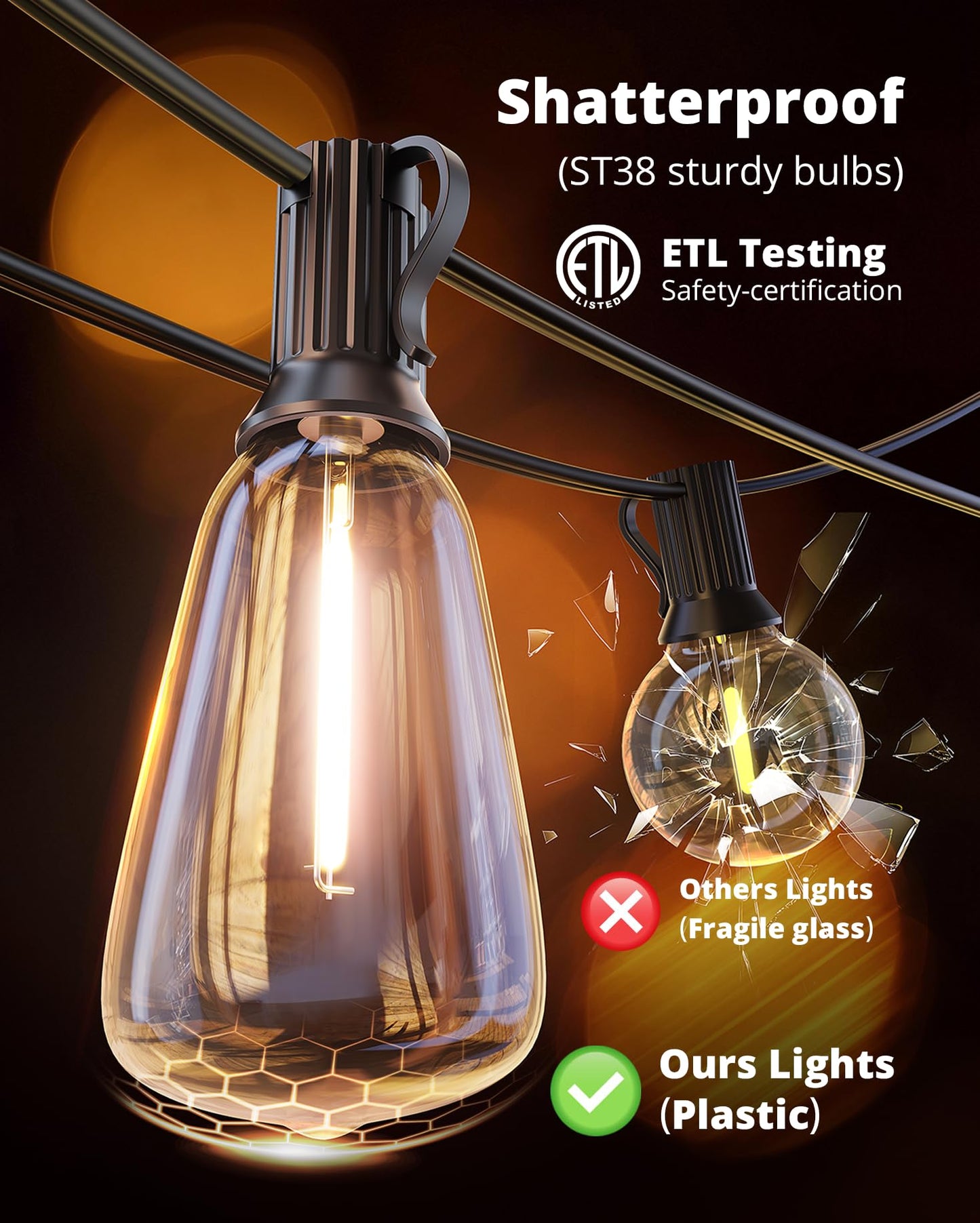 VIPAR Outdoor String Lights 25FT LED Patio Lights IPX5 Waterproof with 10+1 ST38 Shatterproof Edison Bulbs, 2700K Connectable Outside Hanging Light for Porch, Garden, Backyard, Deck, Balcony, Decor
