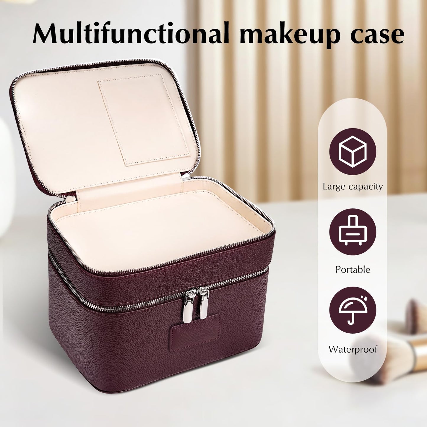 idoltimes Makeup Case, Large Capacity Leather Makeup Bag for Women,Large Capacity Waterproof Double Leather Cosmetic Case,Removable Compartment Travel Organizer