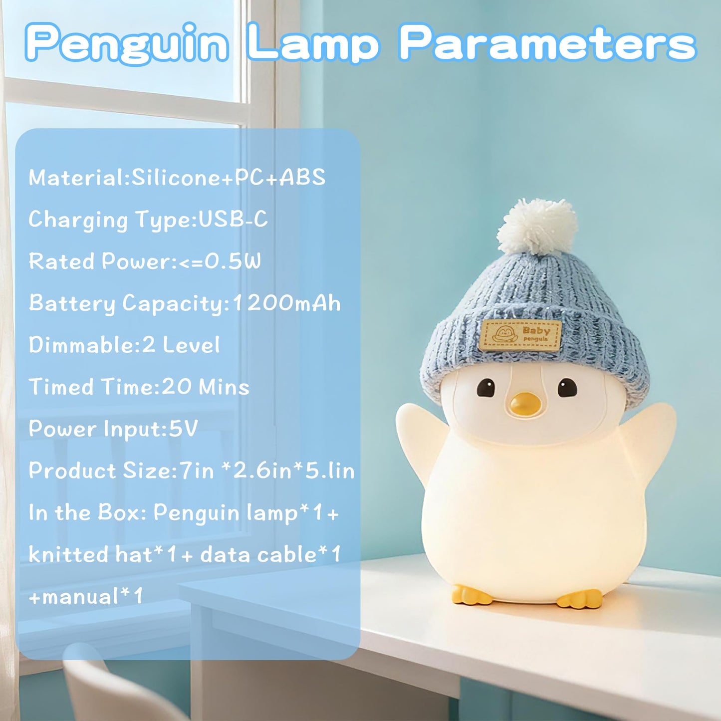 FAMIDUO Penguin Night Light for Kids, Adorable Penguin Lamp with Hat, Food Grade Silicone Nursery Nightlight, Rechargeable/Dimmable/Timer,LED Squishy Novelty Animal Bedside Lamp,Funny Gifts for Boys
