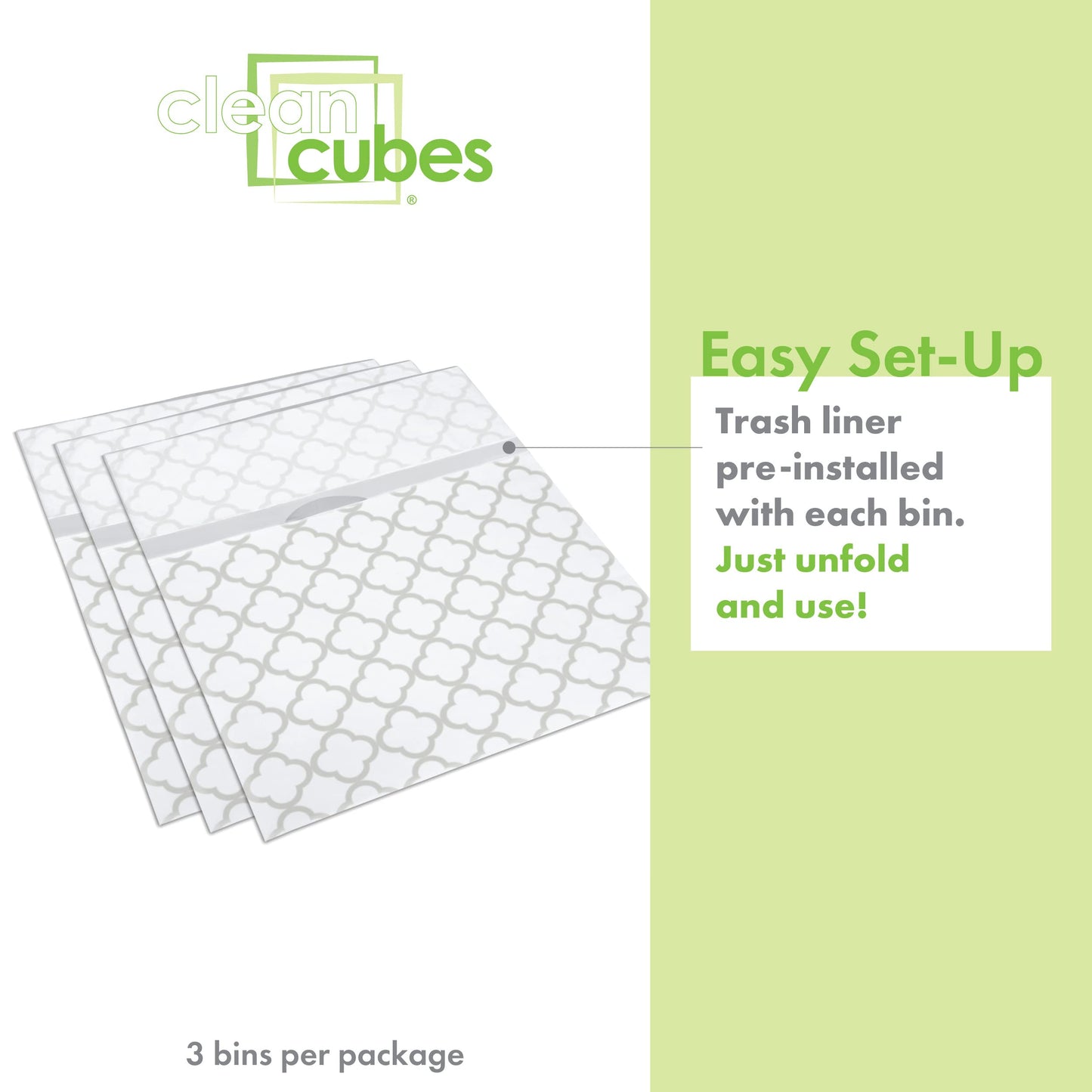 Clean Cubes 13 Gallon Disposable Pop-Up Trash Cans (3-Pack) with Fitted Bags – Foldable Garbage & Recycling Bins for Parties, Events & Kitchen (Trellis, 17" H x 13.5" W x 10" D)