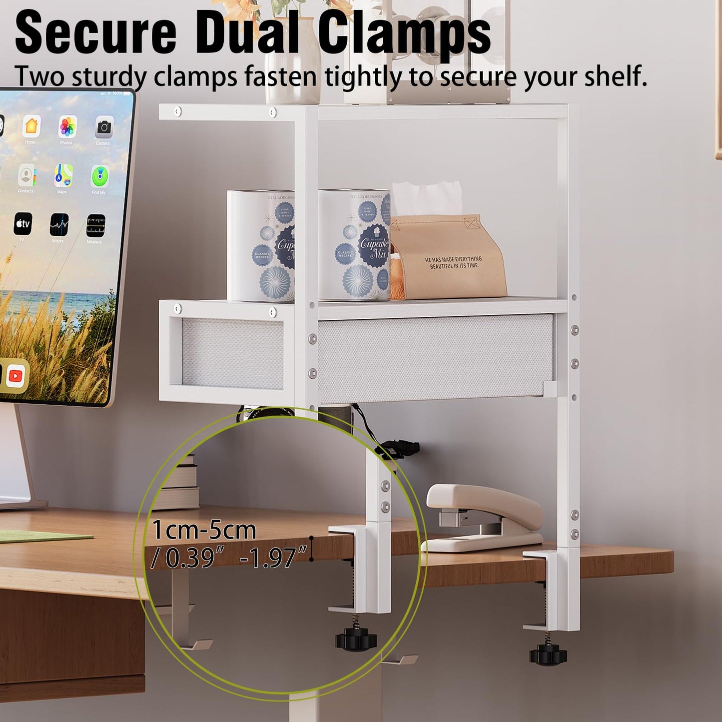 VENNQD Clamp On Desk Shelf, 2-Tier Desktop Organizer, Wood Desktop Supplies Tabletop Book Storage Rack with Adjustable Shelves for Table Working and Gaming Accessories, White