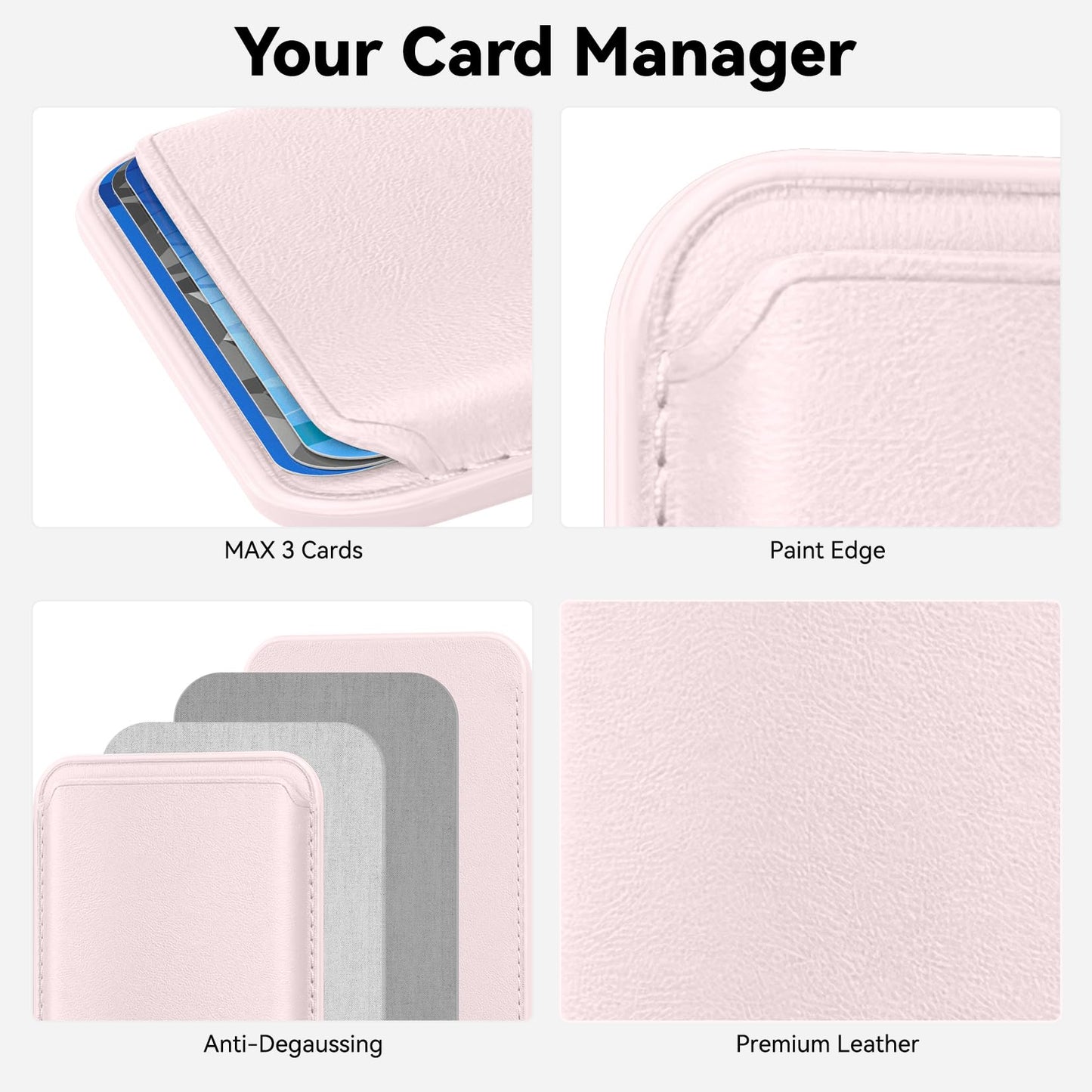 KRTALS Magnetic Wallet Cell Phone Card Holder for Phone Case, Stronger Magnetic RFID Leather Phone Wallet Stick on Series of iPhone 12/13/14/15/16/17 and Pro/Promax, Light Pink