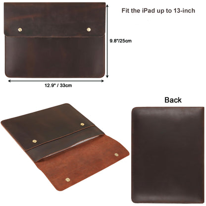 Leather Tablet Sleeve - 12.9/13 Inch iPad Pro Sleeve, Document Holder Folio File Holder, Genuine Leather iPad Case for Protection and Style-Dark Brown