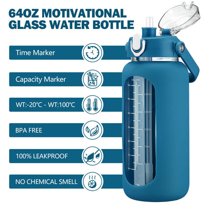 kytffu 64oz Glass Water Bottles with Straw, Half Gallon Motivational Glass Bottle with Silicone Sleeve and Time Marker, 2L Leakproof Large Glass Water Jug for Gym Home Office,Iron Blue
