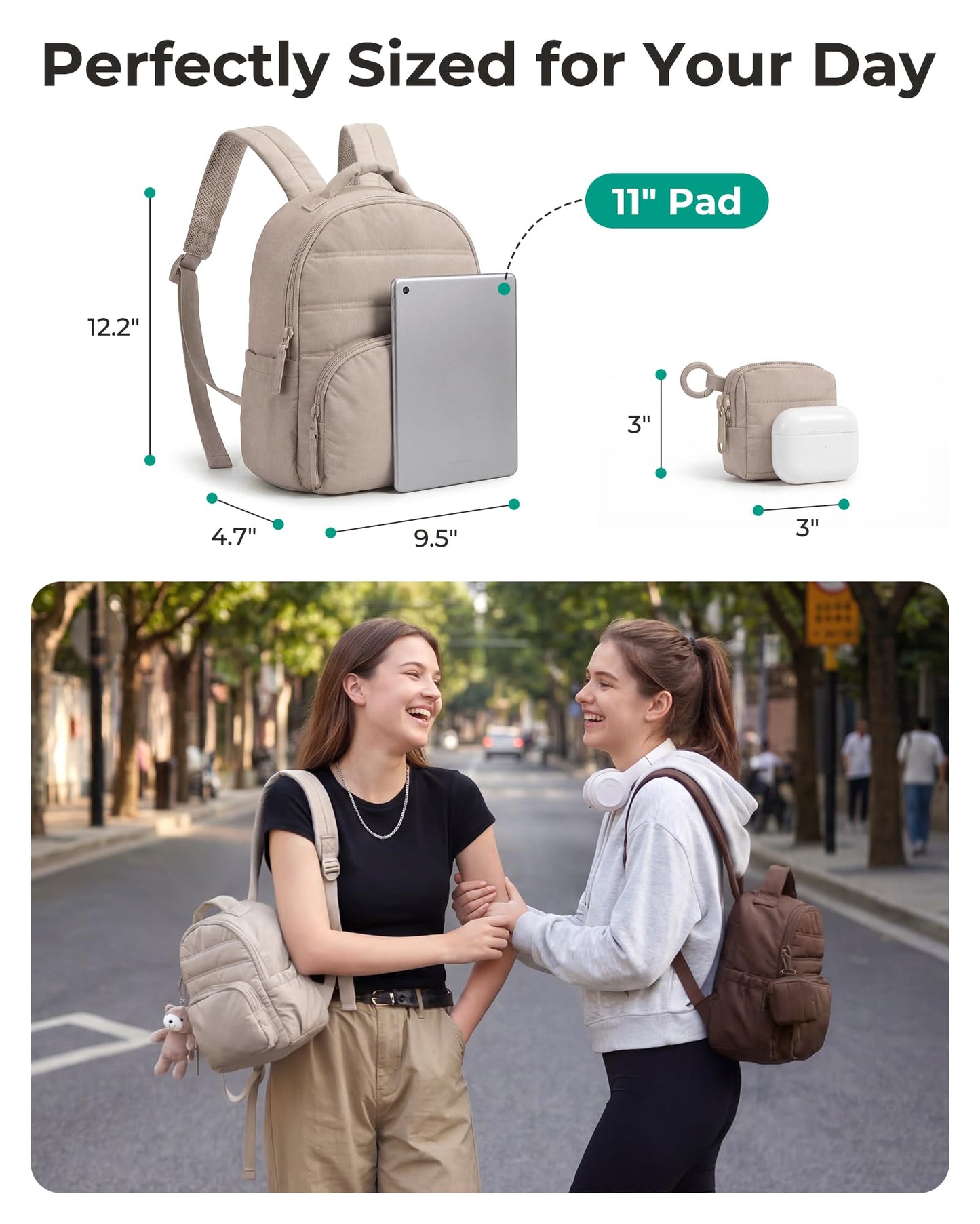 BAGSMART Small Backpacks for Women, Lightweight Puffer Mini Backpack Purse with Pouch, Quilted Casual Daypack, Water-Resistant Bookbag for Daily Travel College, 2-in-1 Set, Coffee Brown