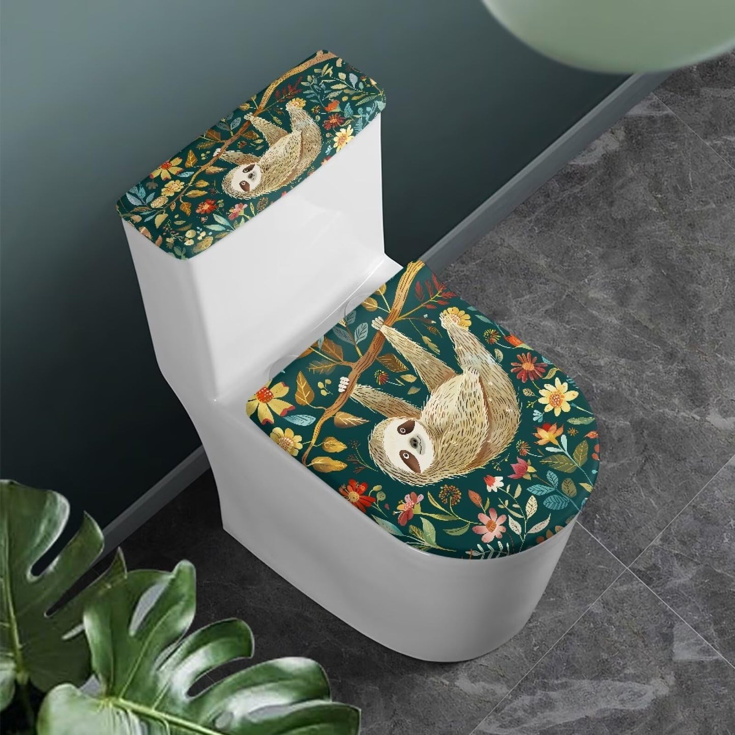 GLENLCWE Cute Sloth Toilet Cover Set 2 Pack Set Animal Toilet Seat Covers for Bathroom Green Bath Tank Cover Lid Cover Oval Home Decoration