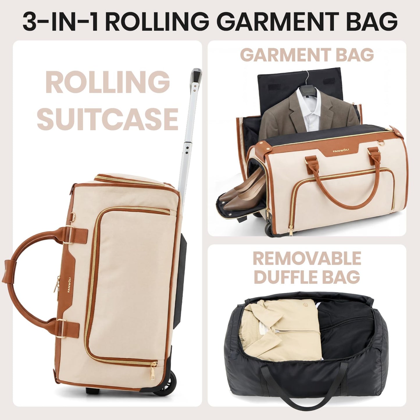 Fanwoli Carry-On Rolling Garment Bag for Travel, 3-in-1 Wheeled Luggage with Shoe Storage & Detachable Organizer, Convertible Duffel Bag for Men Women Business Trips Weekender, Wrinkle-Free (Brown)
