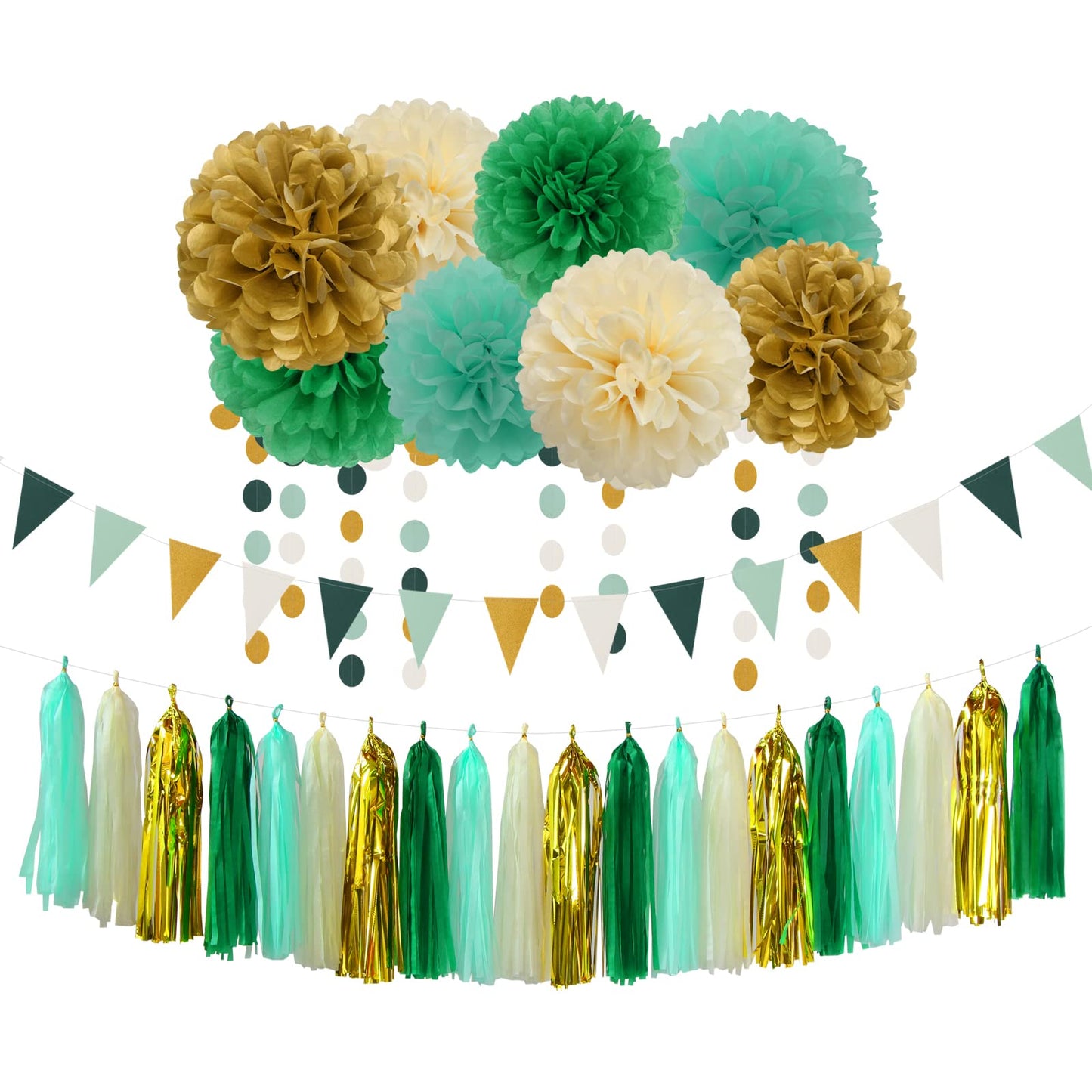 Sage-Green Beige-Gold Baby Bridal-Shower Decorations - 30pcs Rustic Wedding Tissue Pom Poms,Tassel Garland Banner,Birthday Gender Reveal Bachelorette Engagement Party Decor Bunting Lasting Surprise