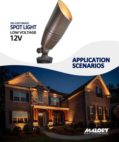 MALORY Brass Landscape Spot Lights 1-Pack Without Bulb(S02), Low Voltage 12V AC/DC Outdoor Spotlights for Yard,Landscape Lighting for Garden and Patio,PVC Ground Stake and Wire Connector Included