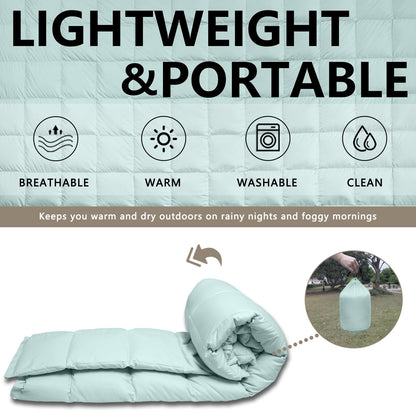 zzlamb Puffy Duck Down Camping Blanket Pale Green, Warm Outdoor Travel Blanket Indoor Down Throw 650 Fill Power, Lightweight & Portable for Couch Backpacking Stadium Airplane Picnic RV Beach, 50x77in