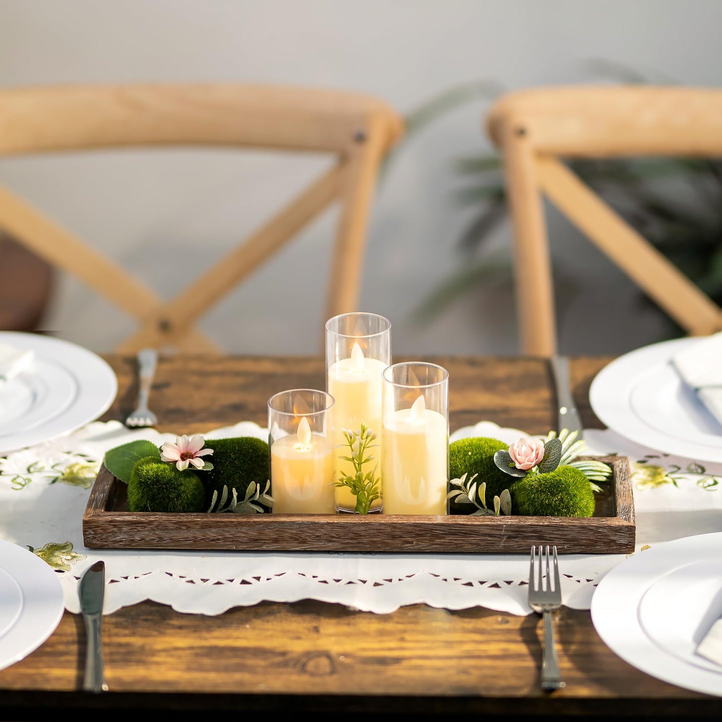 Romadedi Rustic Decorative Wood Candle Tray - 15" Wooden Long Narrow Tray Candle Holder, Farmhouse Small Trays for Coffee Table Centerpieces Dining Room Kitchen Countertop Home Decor, Brown