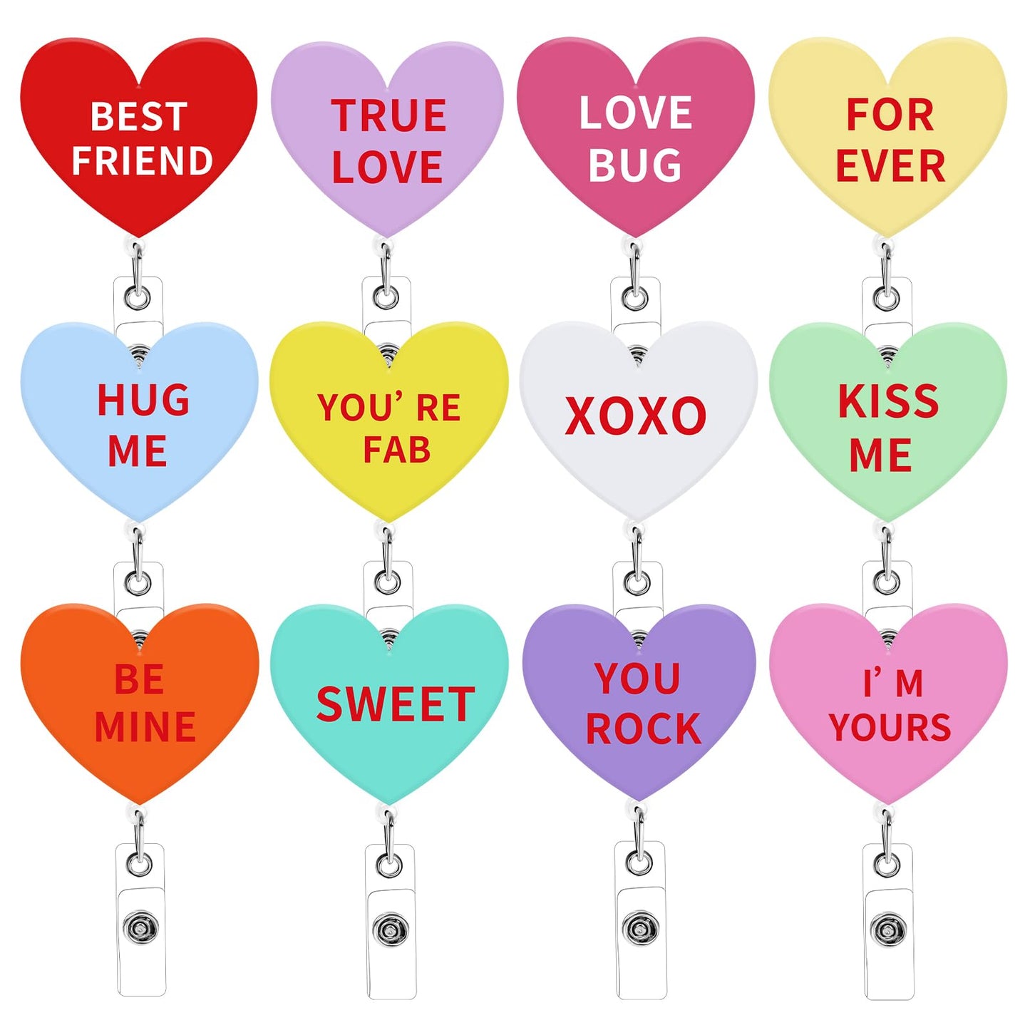 Jansun 12PCS Valentine's Day Acrylic Badge Reel with Heart Design, Retractable ID Card Holder Badge Reel Set for Nurses, Office Staff, and Festive Gifting