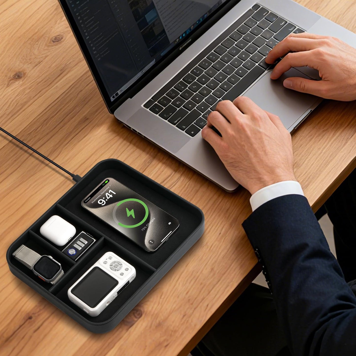 VOVIPO Birthday Gifts Bedside Organiser-Faux Leather Valet Tray With Wireless Charger For Phone And Earbuds,Nightstand Organizer,Mens Jewelry Box,Office Desk Organizers
