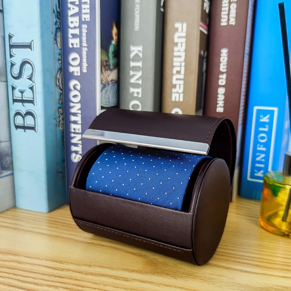 Tie Box Travel Case Men's Necktie Gift Box Cylinder Shape Anti-Wrinkle Storage Business Gift Bow Tie Packaging (3.1"x4.3", Coffee)