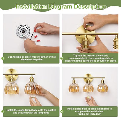 Vintage Bathroom Light Fixtures,3-Light Hardwired Vanity Lights Over Mirror,Gold Wall Sconces with Green Tulip Glass Shade for Bathroom Living Room,E26 Socket(Bulbs Not Included)