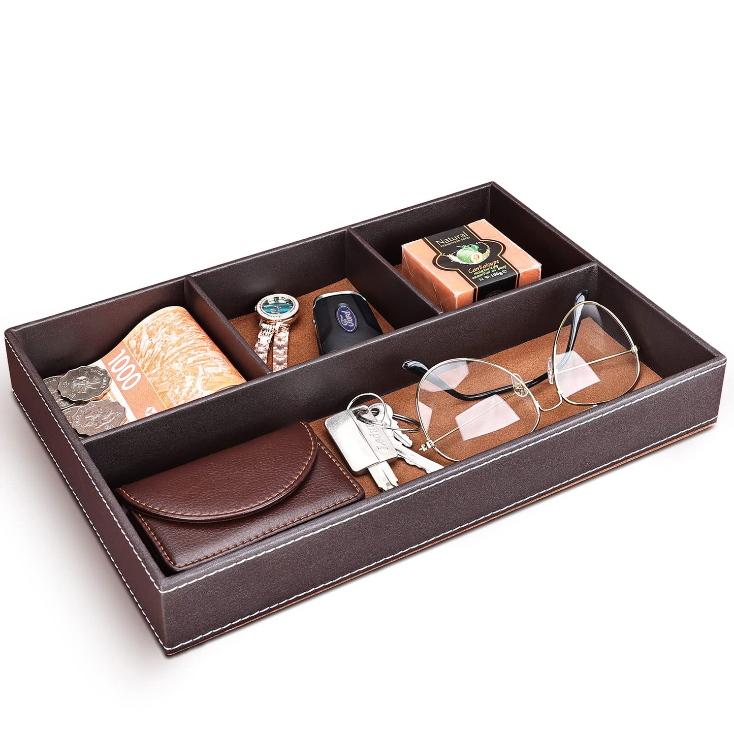 GORESE Faux Leather Valet Tray for Men, Stackable Jewelry Organizer for Drawers Inserts, Nightstand Caddy Tray for Key, Wallet, Sunglass, Watch, Coin, Phone, Bedside Desktop Storage Brown