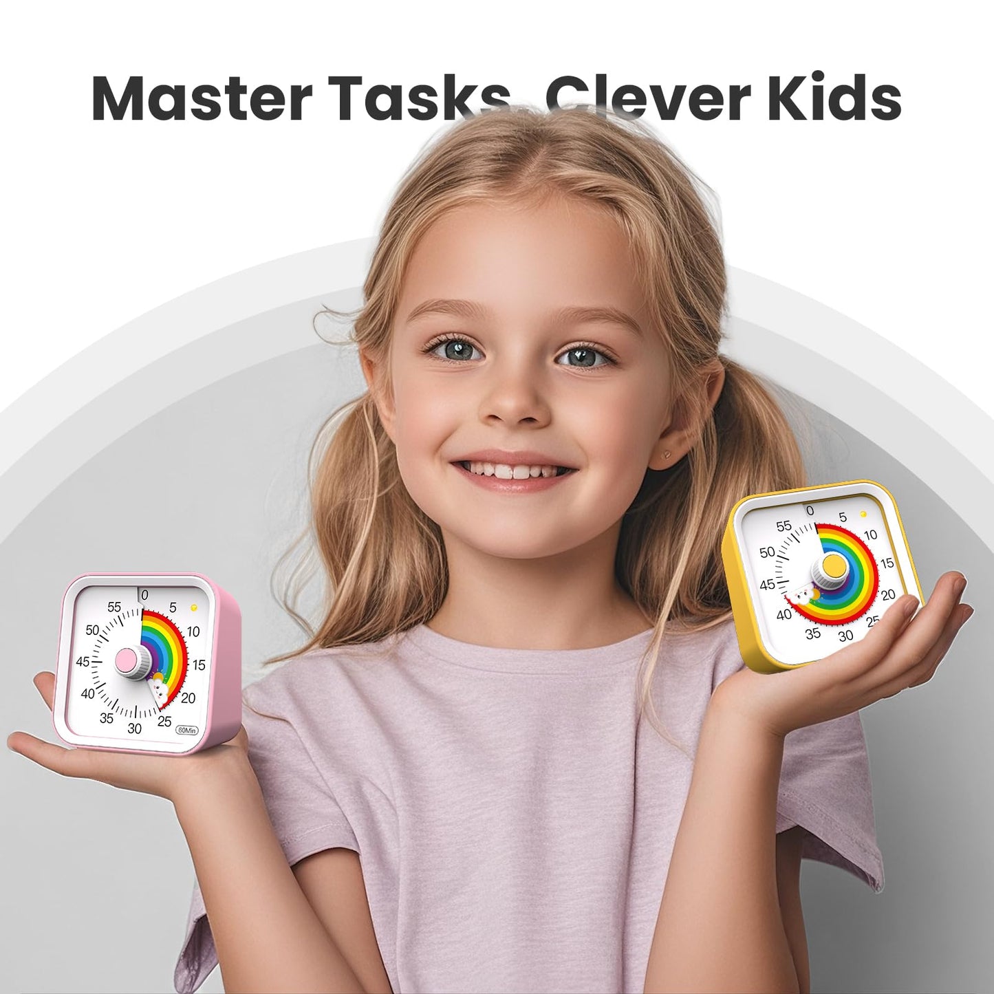 InfPokid Visual Timer for Kids with Pause Function, Cute Silent Timer with Rainbow for Classroom, Teaching, Task, Kitchen, 60 Minute Countdown Time Management for ADHD (Rainbow Yellow)